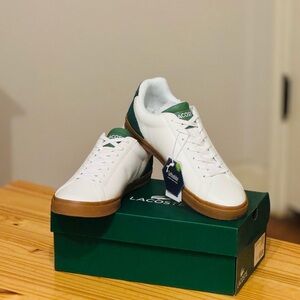 Lacoste Men's White and Green Sneakers with Brown Soles